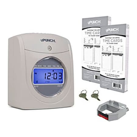Acroprint uPunch Electronic Time Clock w/ 100 Time Cards, 1 Ribbon & 2 Keys, White & Gray HN2500